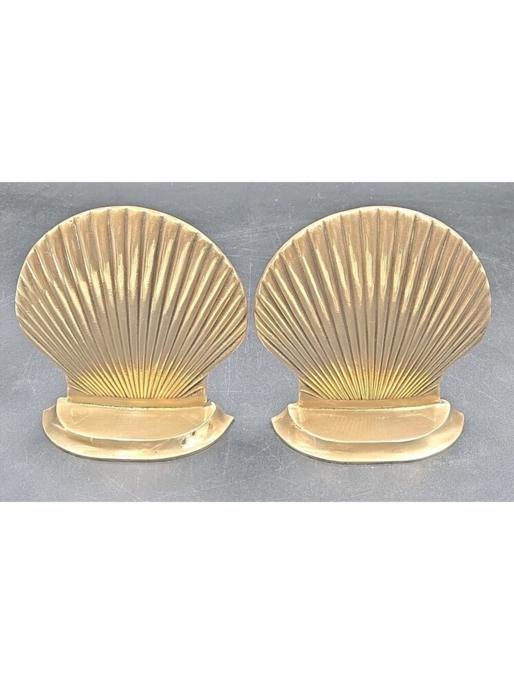 MCM Brass Scallop Clam Shell Bookend Pair Art Deco Nautical Beach 5" Vintage Set